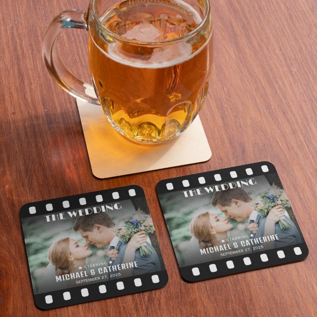 Movie Poster Film Strip Black And White Wedding Square Paper Coaster (Creator Uploaded)