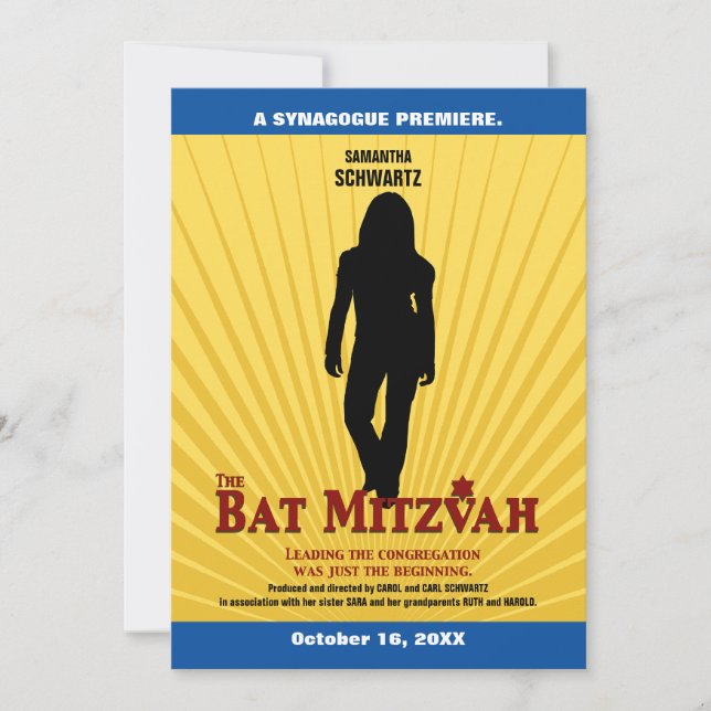 Movie Star Bat Mitzvah Invitation Yellow Blue (Front)