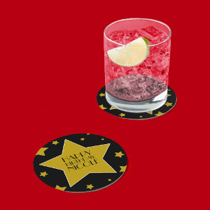 Movie Star Birthday Black And Gold Stars Round Paper Coaster