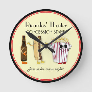 Movie Theatre Concession Stand Hotdog Popcorn  Round Clock