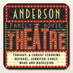 Movie Theatre Marquee Home Cinema Custom Name Square Paper Coaster