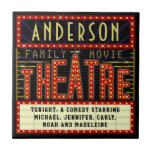 Movie Theatre Marquee Home Cinema | Personalized Tile<br><div class="desc">Enjoy family movie night in style with this original theatre / theatre tile drink coaster. Made to look like a retro cinema marquee with faux lights and lots of sparkle, this personalized design is the perfect ritzy accessory for any movie buff. The main colour scheme is red, gold and black....</div>