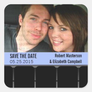 Movie Theatre Photo Save the Date Stickers, Blue Square Sticker