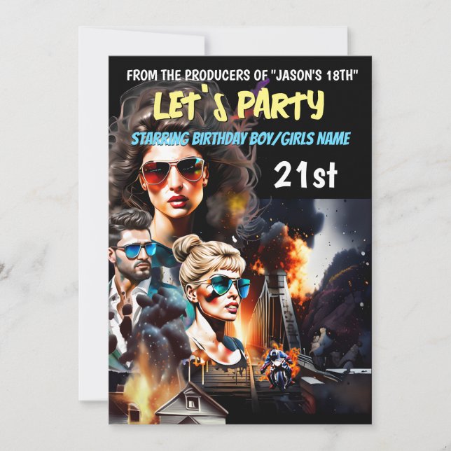 Movie theme action drama poster adults birthday invitation (Front)