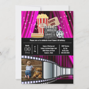 Movie theme photo film cinema popcorn party pink invitation