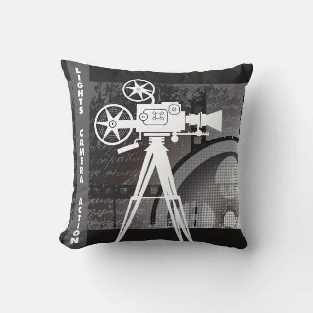 Movie Theme Pillow, Lights, Camera, Action 16x16 Throw Pillow (Front)