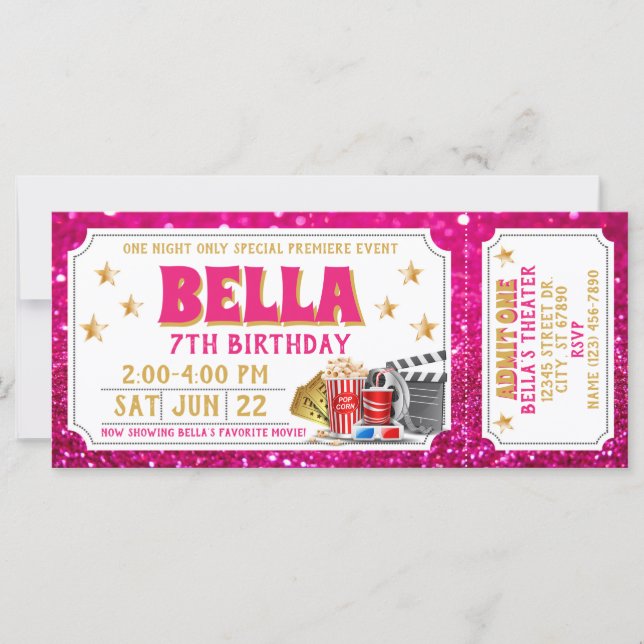 Movie Ticket Birthday Invitation Pink Glitter (Front)
