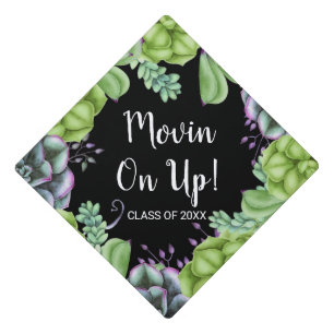 Movin On Up Quote Watercolor Succulents On Black Graduation Cap Topper
