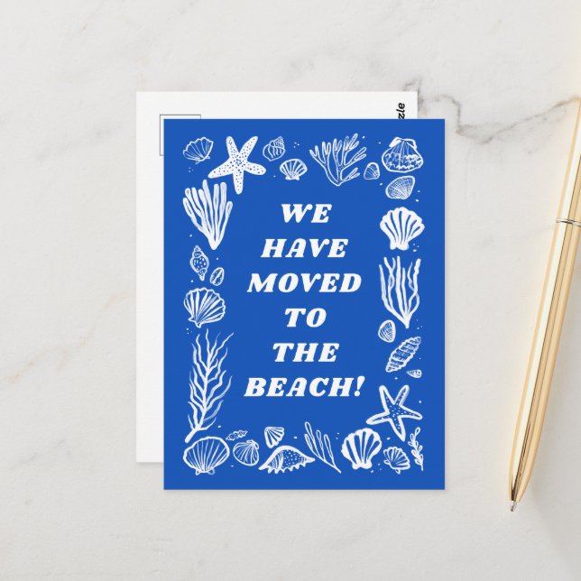 MOVING ANNOUNCEMENT ADDRESS Blue Seashells Beach Postcard (Front/Back In Situ)