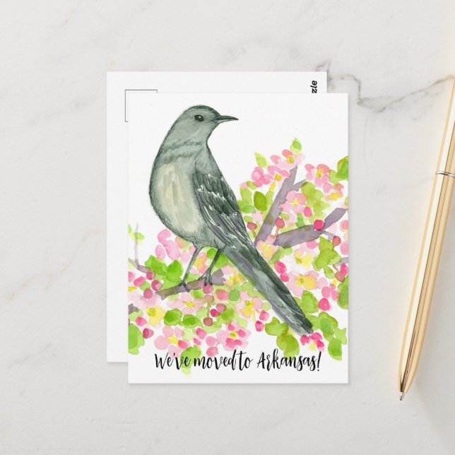Moving Announcement Arkansas Mockingbird Flowers Postcard (Front/Back In Situ)