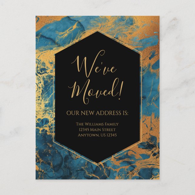 Moving Announcement Blue Gold Marble Ink Modern Postcard (Front)