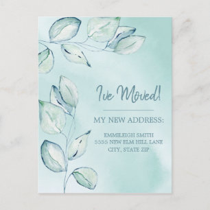 Moving Announcement Blue Green Watercolor Leaves Postcard