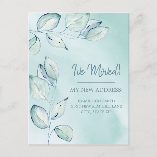 Moving Announcement Blue Green Watercolor Leaves Postcard (Front)