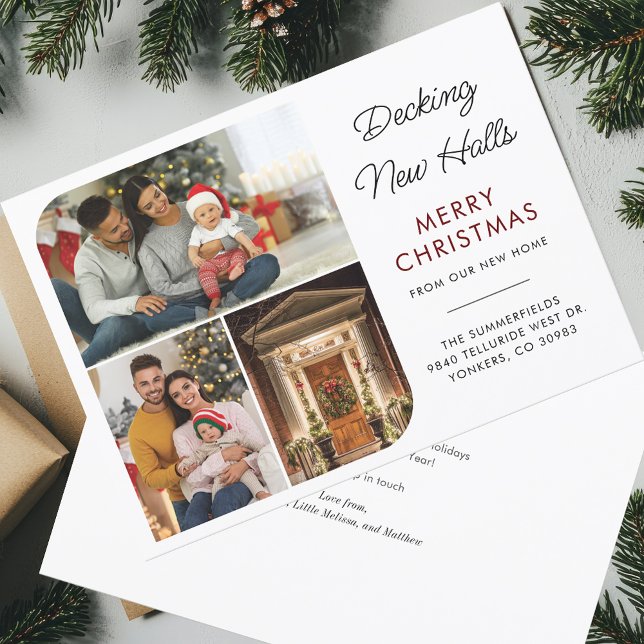 Moving Announcement Christmas Holiday Family Photo (Decking New Halls Elegant Christmas Family Baby Photo Collage Moving Announcement)
