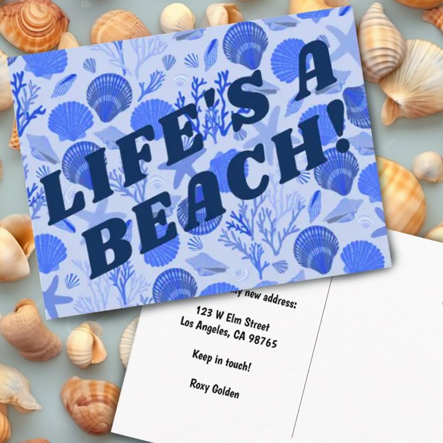 MOVING ANNOUNCEMENT Colourful Blue Seashells Beach Postcard (Hand drawn blue seashells pattern on custom moving change of address postcard. Add your own text)