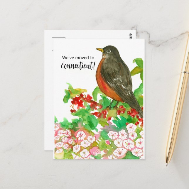 Moving Announcement Connecticut Robin Laurel Postcard (Front/Back In Situ)