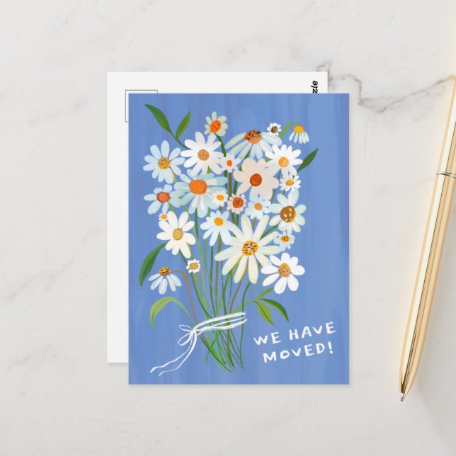 MOVING ANNOUNCEMENT Cute Daisy Bouquet Handpainted Postcard (Front/Back In Situ)