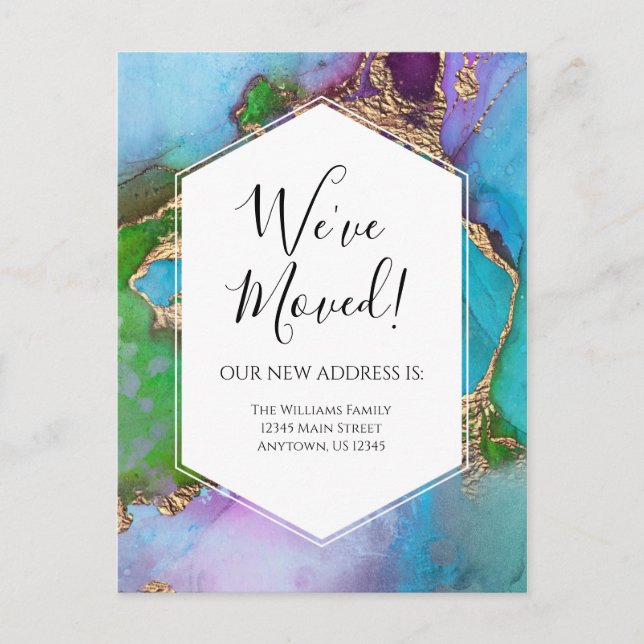 Moving Announcement Gold Blue Purple Ink Modern Postcard (Front)