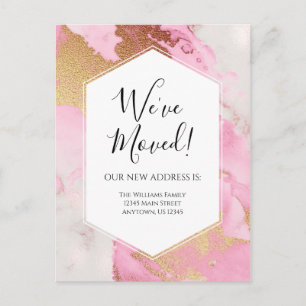 Moving Announcement Pink Gold Marble Modern Postcard