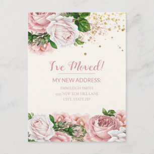 Moving Announcement Pink Vintage Floral Glitter Postcard