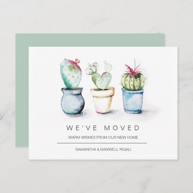Moving Announcement Postcards Watercolor Cactus (Front/Back)