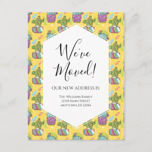 Moving Announcement Potted Cactus Purple Yellow Postcard
