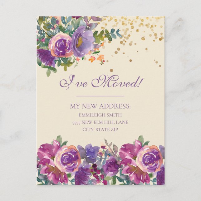 Moving Announcement Purple Pink Flowers Glitter Postcard (Front)