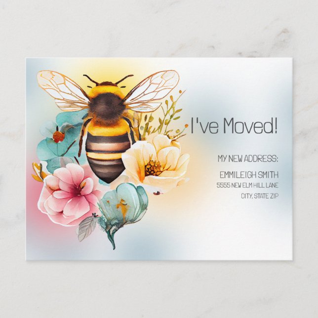 Moving Announcement Spring Watercolor Floral Bee Postcard (Front)