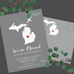 Moving Announcement State MICHIGAN Post Card<br><div class="desc">Moving Announcement | State MICHIGAN Modern moving announcement featuring the state of MICHIGAN, with a red heart & airplane set on a grey background. The background colour can be changed easily by clicking personalize and then click to customize further to view our colour picker. From there you can also move...</div>