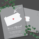 Moving Announcement State Pennsylvania Post Card<br><div class="desc">Moving Announcement | State Pennsylvania, Modern moving announcement featuring the state of Pennsylvania, with a red heart & airplane set on a grey background. The background colour can be changed easily by clicking personalize and then click to customize further to view our colour picker. From there you can also move...</div>