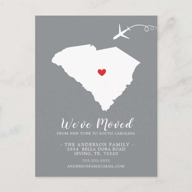 Moving Announcement State South Carolina Post Card (Front)