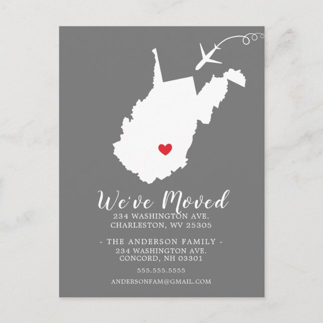 Moving Announcement State WEST VIRGINIA Post Card (Front)