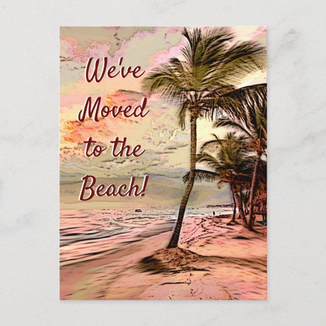 Moving announcement Sunrise Beach with Palm Trees Postcard (Front)