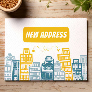 Moving announcement with yellow buildings postcard