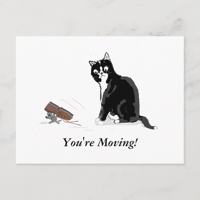 Moving Home, Cartoon cat and mouse, add text Announcement Postcard (Front)