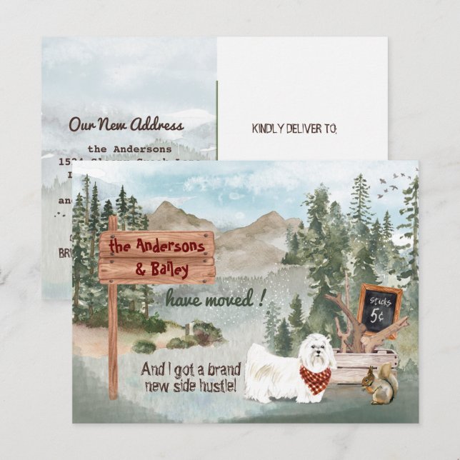 Moving Maltese Dog Woodland Pine New Address     Announcement Postcard (Front/Back)