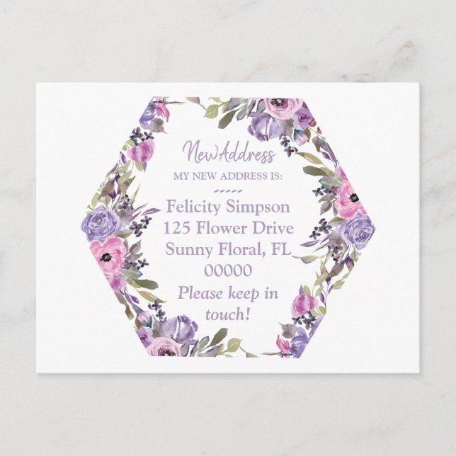 Moving Notice New Address|Purple Floral Geometric  Postcard (Front)