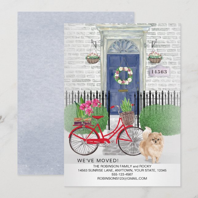 Moving Pomeranian Dog Bicycle Blue Door New Home   Announcement (Front/Back)