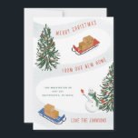 Moving Sleds Winter Snowman Moving Announcement<br><div class="desc">Original illustration of a snowy scene with sleds moving boxes and a waving snowman on a hillside; the year abbreviation on the box to the left of the name. Optional photo and area for message on the back,  or customize the design further to remove the photo.</div>