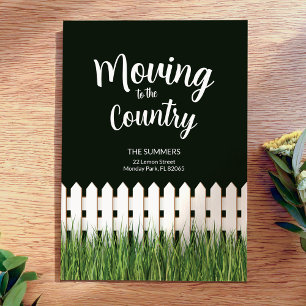 Moving to the country with white fence and grass invitation