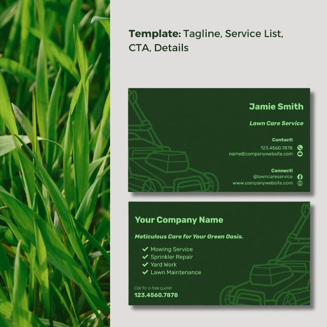Mower Outline Custom Dark Green Lawn Maintenance Business Card (Mower Outline Custom Dark Green Lawn Maintenance Business Card, Service List,  CTA, Call)