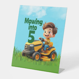Mowing into Lawn Mower Birthday Party Pedestal Sign