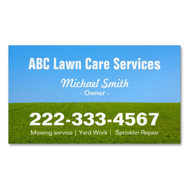 Mowing Lawn Care Green Field Grass Blue Sky Magnetic Business Card (Front)