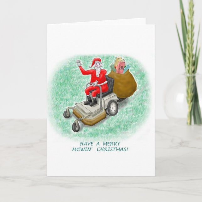 "Mowing Santa" Vertical Greeting Card (Front)