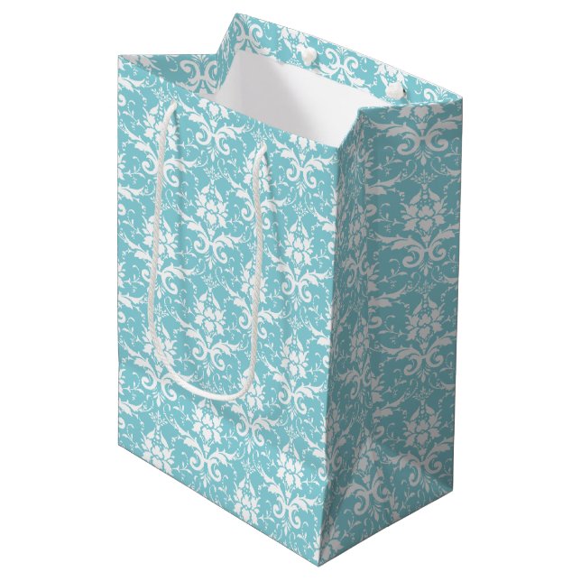 Moyen Aqua & White Damask Imprimer Sac cadeau (Devant Angle)