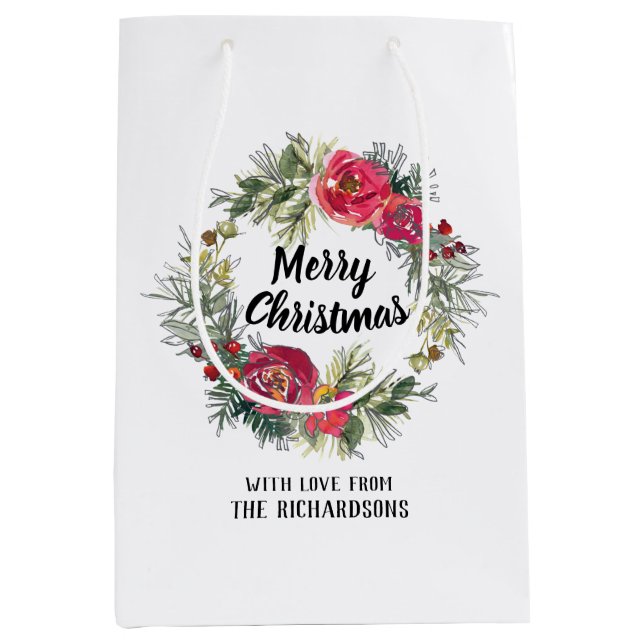 Moyen Aquarelle roses de Noël sac cadeau de couronne bla (Devant)