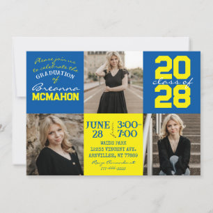 Moyen bleu et jaune 3 Photo Graduation Invitation