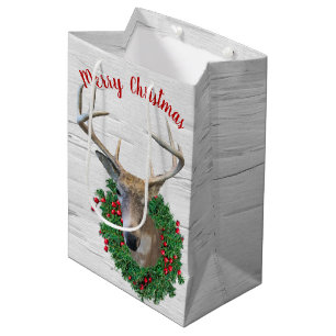 Moyen Cerf Dans La Couronne De Noël Sur Le Sac Cadeau Mo