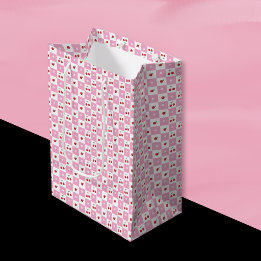 Moyen Sac cadeau à motif gingham rose et blanc avec ceri