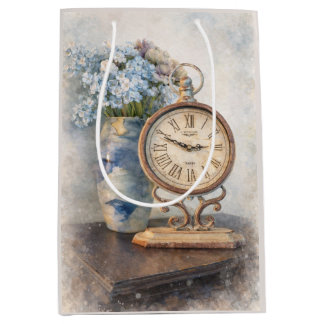 Moyen Sac Cadeau de Horloge Florale Vintage – Style Cott